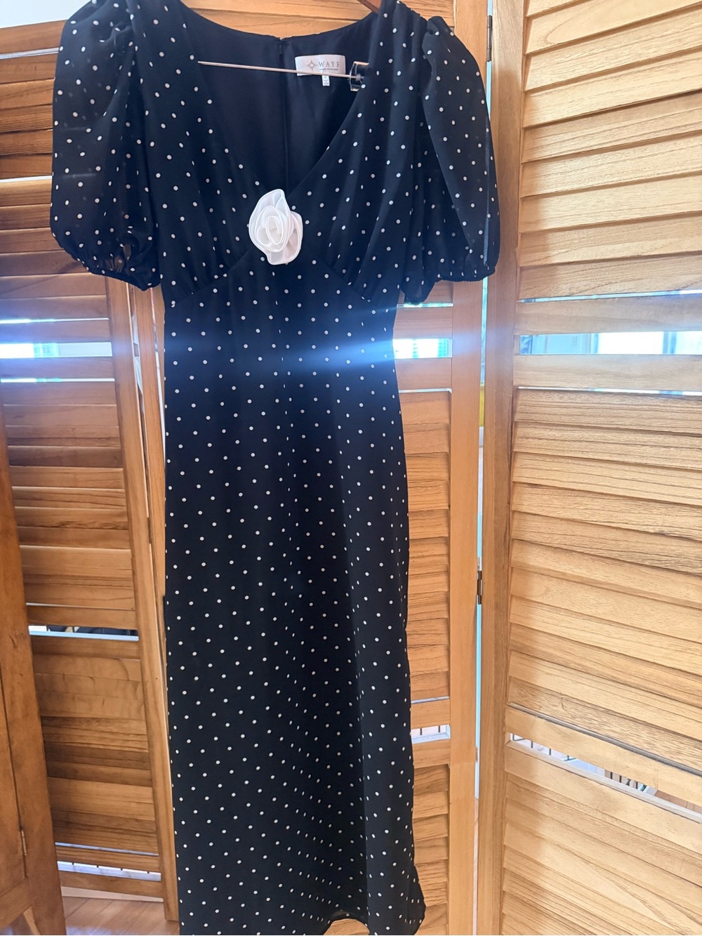 Wayf Black Polka Dot Puff-Sleeve Midi Dress